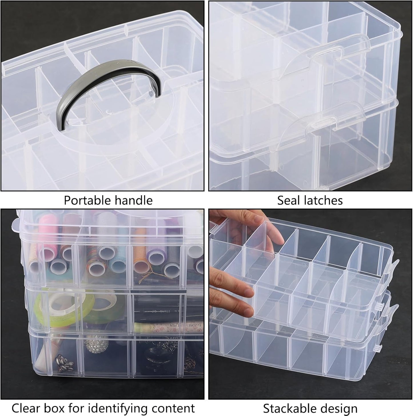 Zopnny 3-Tier Stackable Storage Container with Dividers, Clear Plastic Compartment Organizer Box for Art Crafts, Jewelry, Earrings, Sewing Supplies, Tool, 30 Grids