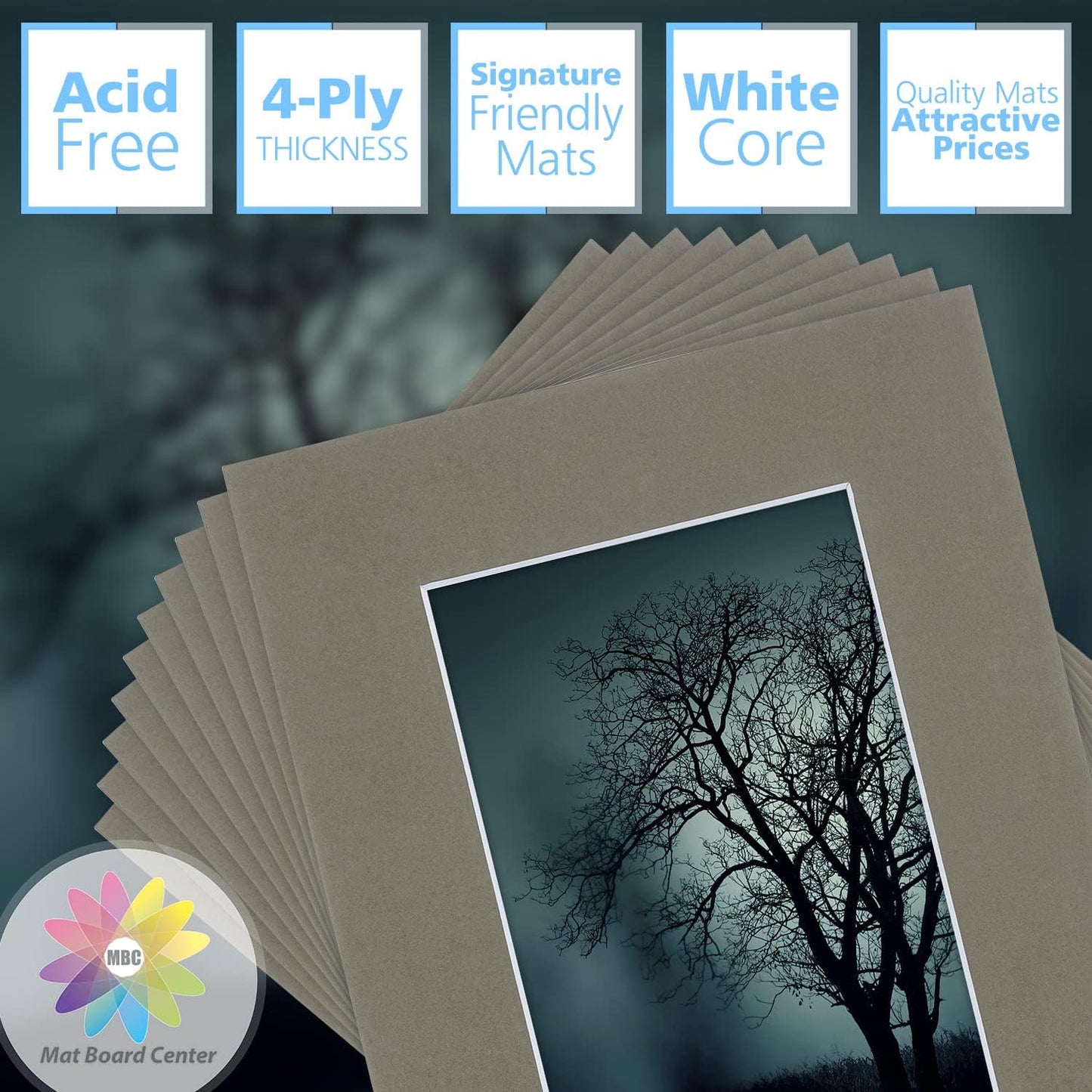 Mat Board Center, Pack of 10, 8x10 for 5x7 Gray Color Mats - Bevel Cut, Acid Free, 4-ply Thickness, White Core - for Pictures, Photos, Framing