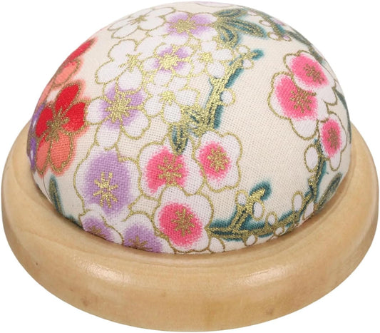 HARFINGTON Pin Cushion Wooden Base Japanese Style Round Pincushion Needle Holder for Sewing Quilting Needlework DIY Crafts, White Floral Style