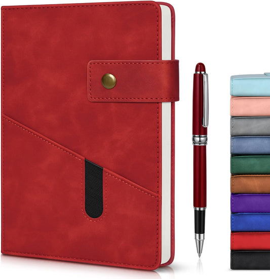 Red A5 Lined Leather Journal Notebook for Men Women,5.9" X 8.4" Personalized Hardcover Journal with Pen,200 Pages 100 Gsm Thick Ruled Paper Daily Diary for Travel,Business,Work,Writing