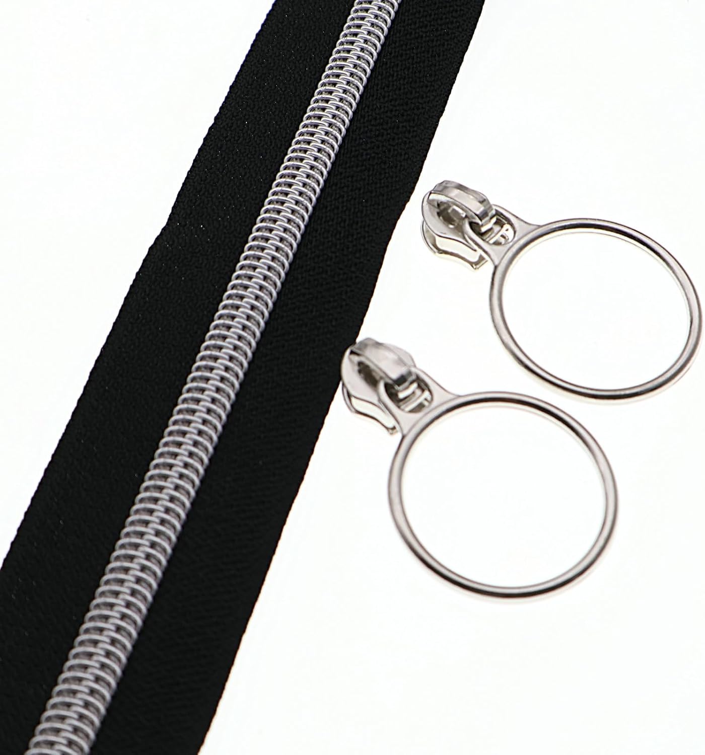 Leekayer #5 Silver Metallic Nylon Coil Zippers by The Yard Bulk 10 Yards Black Zipper Tape with 25pcs Silver Sliders for DIY Sewing Tailor Craft Bag(Black)