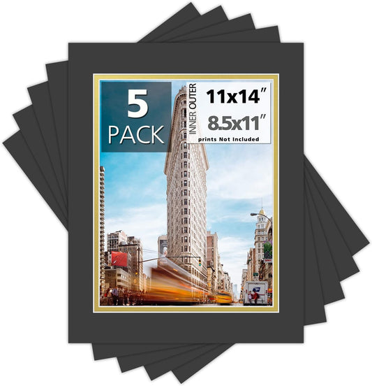 Mat Board Center, Double Mat - Acid Free, 8-ply Thickness, White Core - for Pictures, Photos, Framing (Black Over Gold, 11x14 for 8.5x11, Pack of 5)