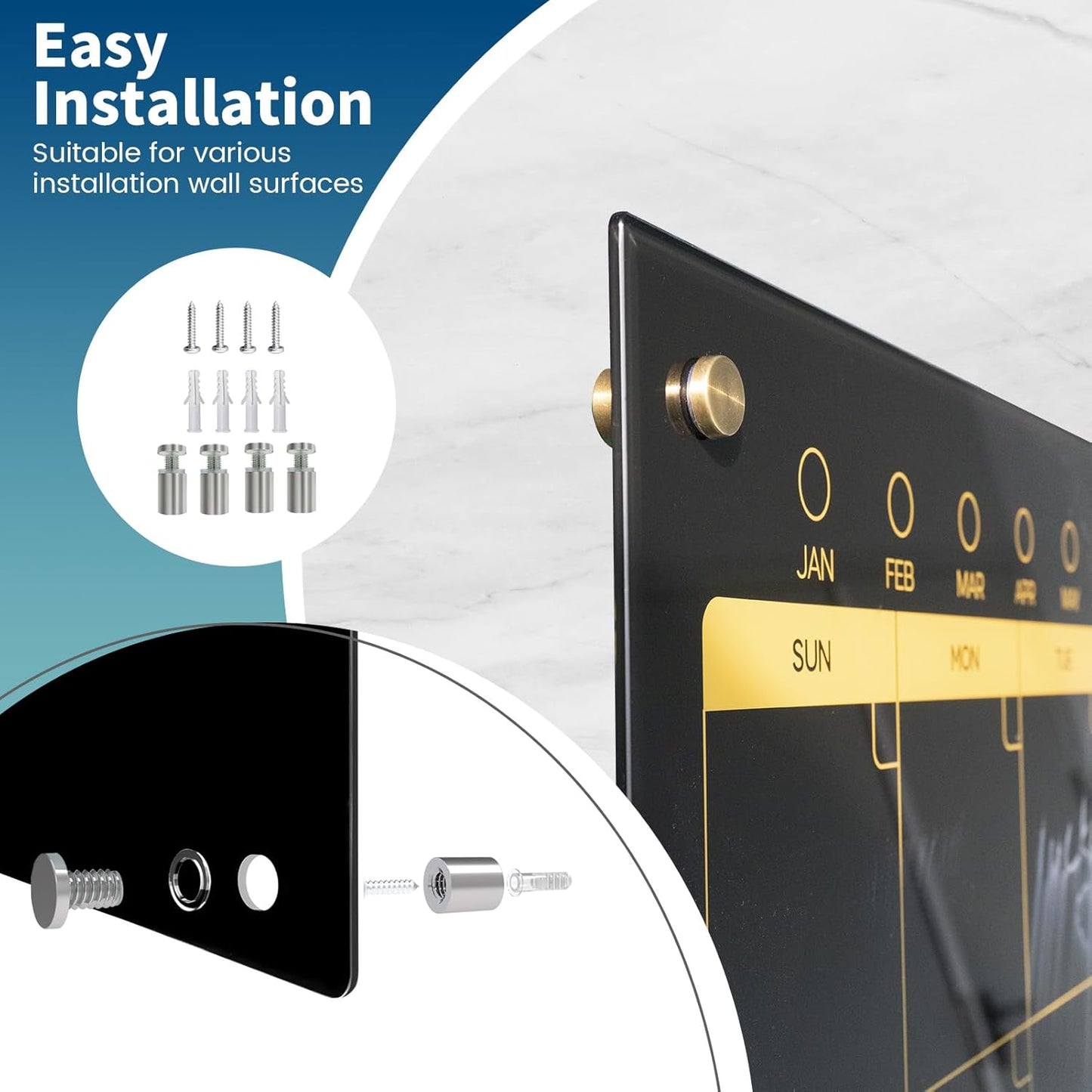 Magnetic Glass Blackboard Calendar 48"x36" Monthly Glass Dry Erase Board for Wall Planner GlassBlack Board Calender Wall Mounted for Office School Home(Black)