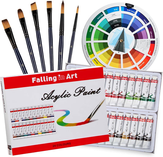 Falling in Art Acrylic Paint Set, Canvas Painting Kit with 24 Acrylic Paints, Nylon Brushes for Kids, Adults, Beginners, Hobbyists, Artists, 31 Pieces Set