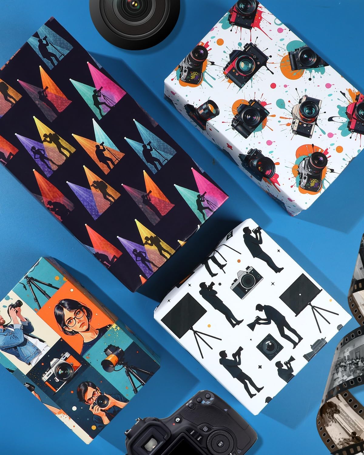 Pineraap 12 Sheets Photographer Wrapping Paper, Photography Gift Wrap Paper with Equipment, Camera, Photos & Scenes, Folded Flat Art Paper for Birthday DIY Crafts, 19.7 x 27.6 Inch (B)