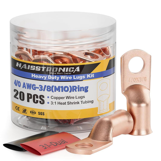haisstronica 10pcs 4/0 AWG - 3/8"(M10) Battery Cable Lugs, Heavy Duty Copper Wire Lugs with 10pcs 3:1 Adhesive Heat Shrink Tubing, 0000 Gauge Wire Lugs, Battery Terminal Connector, Battery Cable Ends