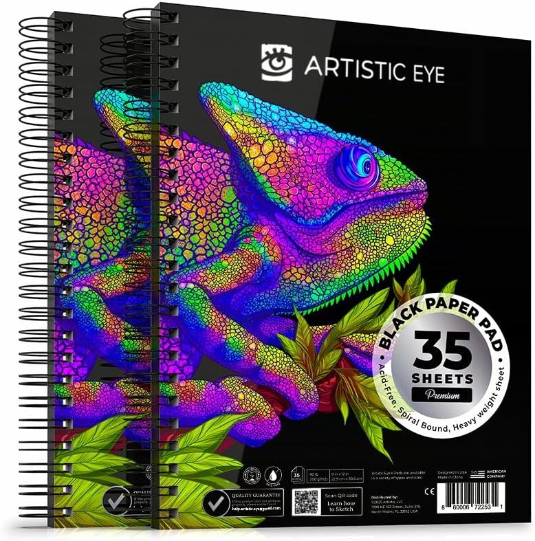 ARTISTIC EYE 9x12 Premium Black Paper Pads, Spiral Bound Sketchbook, Pack of 2, 70 Sheets (150g/m2), Acid-Free Drawing Paper, Ideal for Kids, Teens & Adults