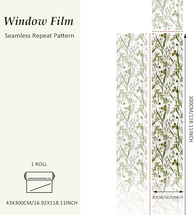 Rainbow Watercolor Green Leaves Window Film, Privacy Iridescent Static Cling Double-Sided Decals for Window Door Glass Decor, Herbs, 118.11" x 16.93"