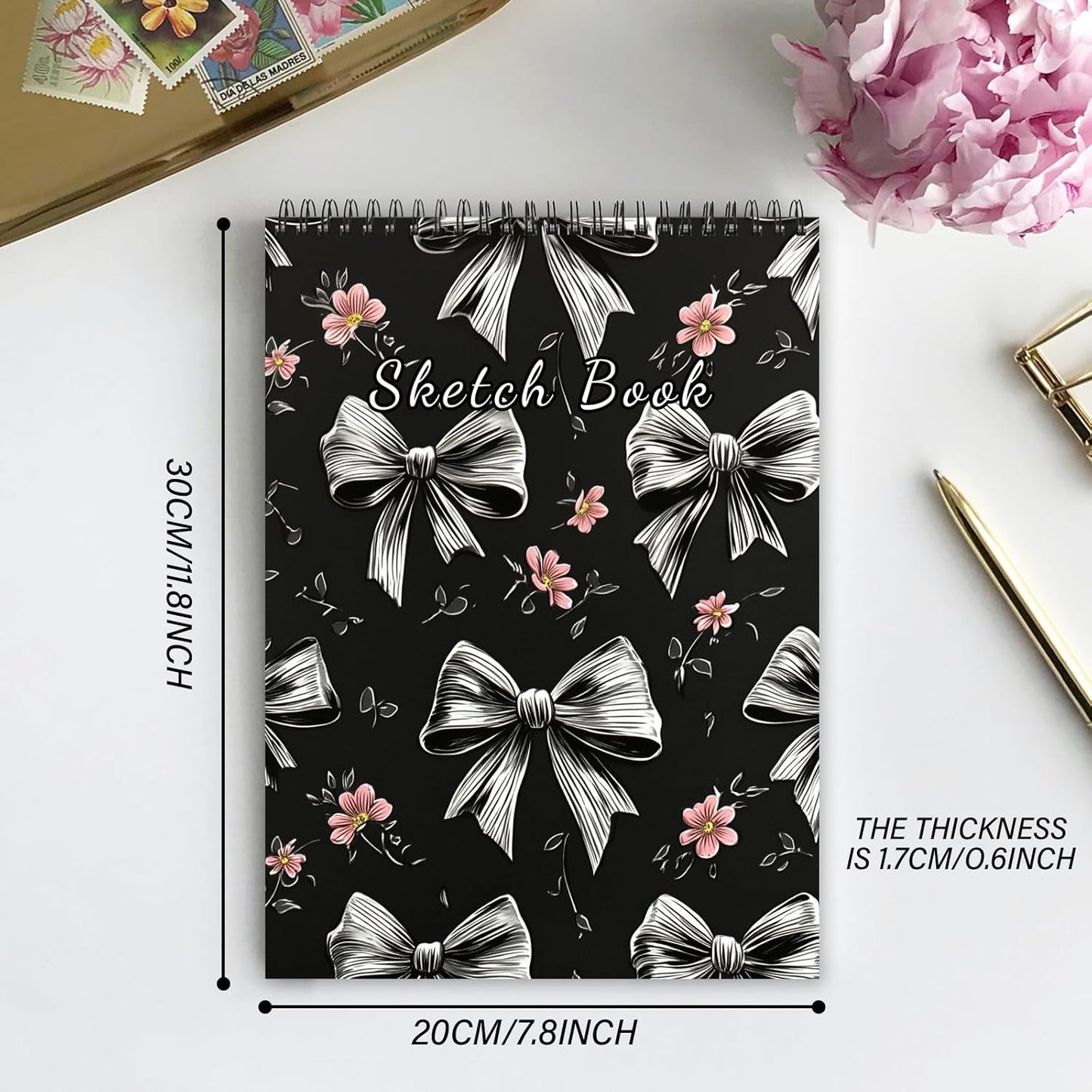 Deokke Sketchbook Top Spiral Bound Sketch Pad, 9 x 12 inch,100GSM Thick Paper,50 Sheets 100 Pages,Art Sketch Book Aesthetic Cute Drawing Writing Paper for Girls Women-Gray Bowknot