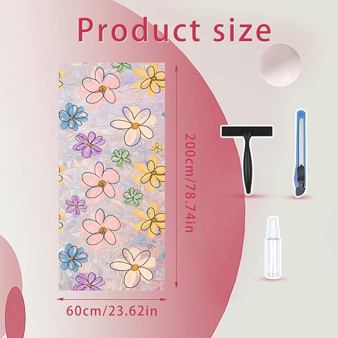 Daisy Flower Stained Glass Window Film Static Cling with Tools - 23.6 x 78.7 Inch Non-Adhesive Privacy Decorative Cute Rainbow Film for Windows, Doors, Sidelights - Easy Install & Remove