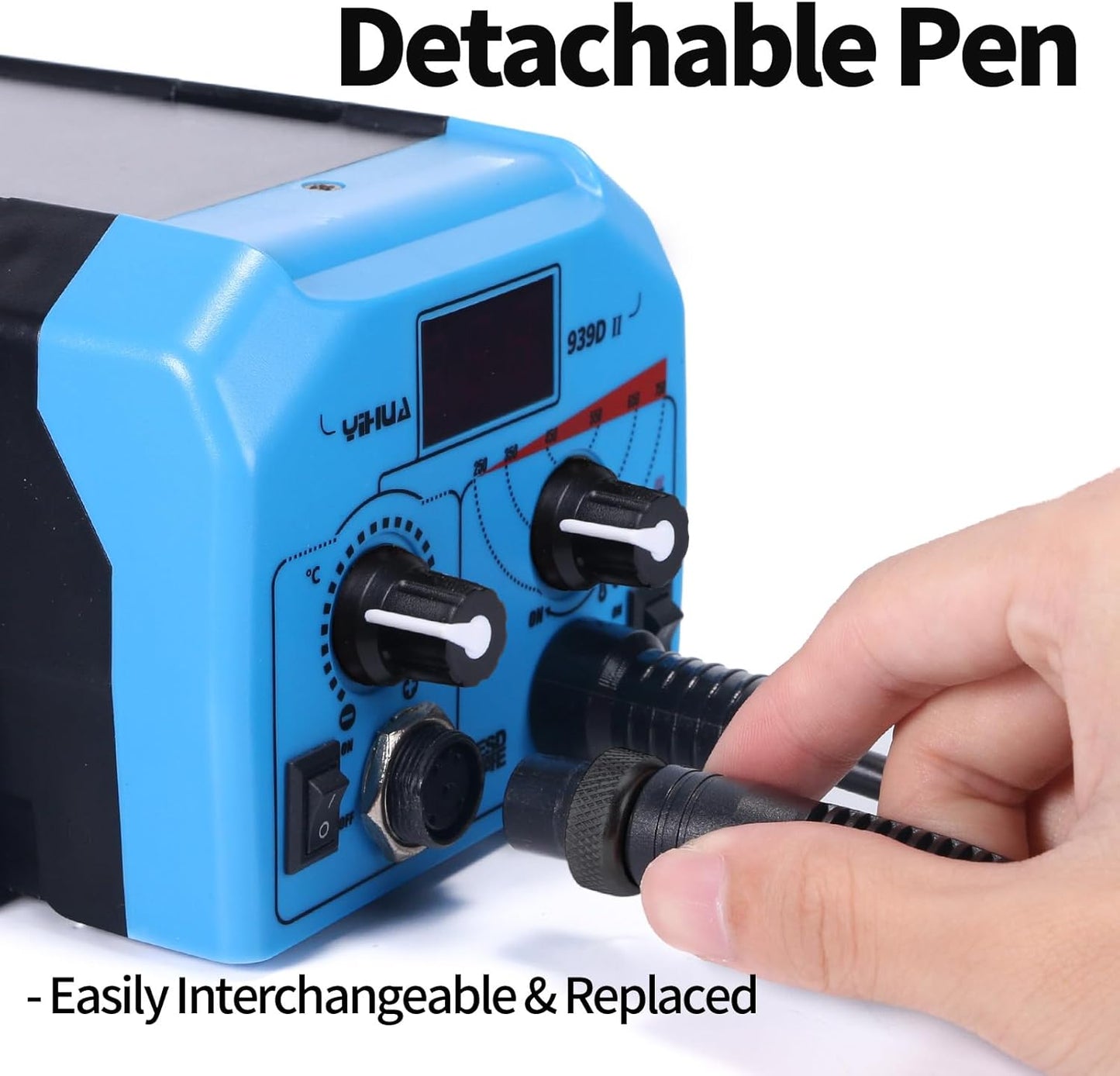 YIHUA 939D-II Pyrography Pen Wood Burning Kit Station 2-in-1 Solid-Point 200~480°C (with Temp Display)/Wire-Nib 250~750°C with 20 Nibs, Solid Points, 1 Stable Pen Holder, 2 Scrap Wood (Blue)