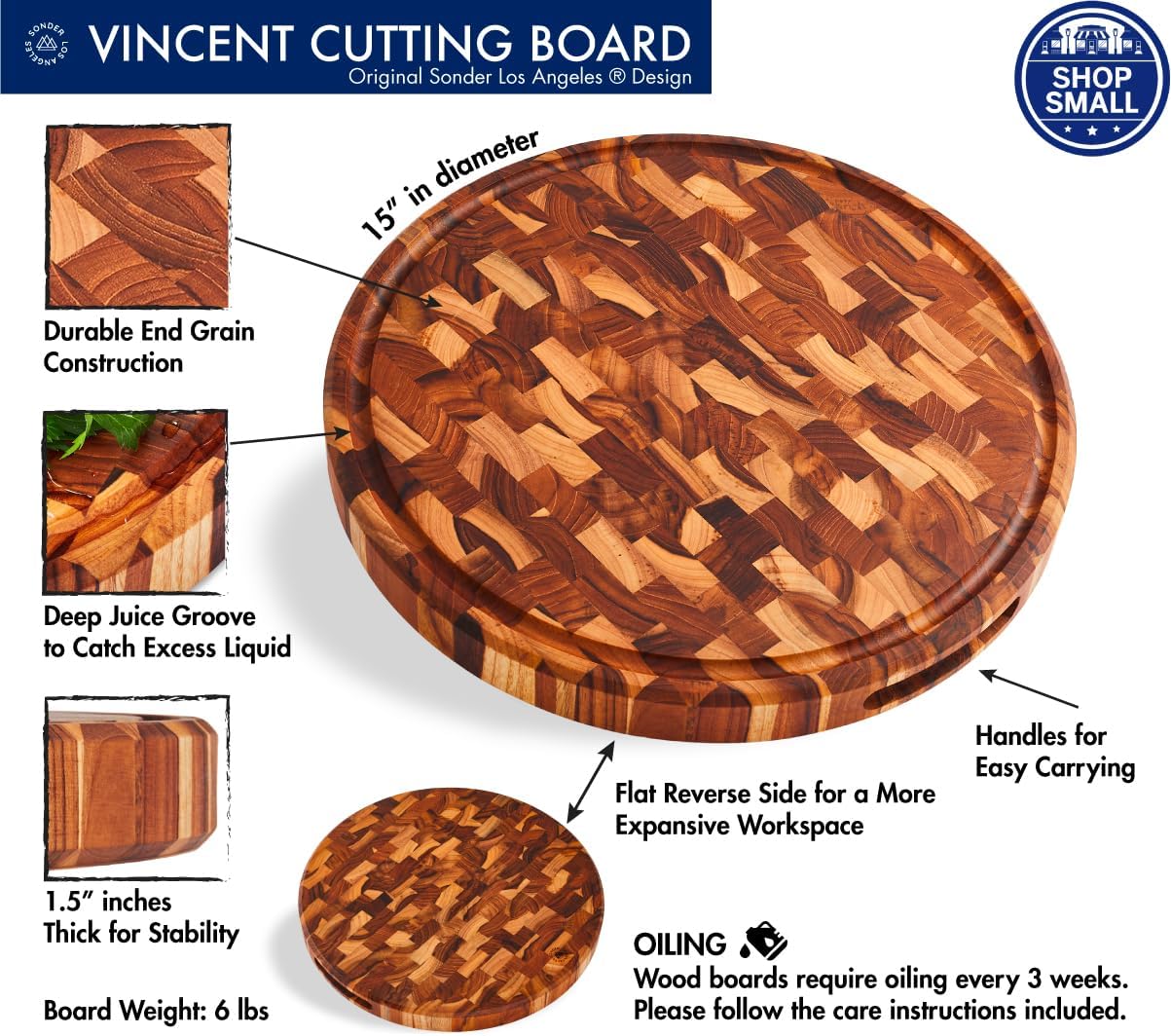 Sonder LA, End Grain Teak Wood Cutting Board 15" Round 1.5" Thick with Juice Groove and Built-in Handles, Charcuterie Serving Board (Gift Box Included)