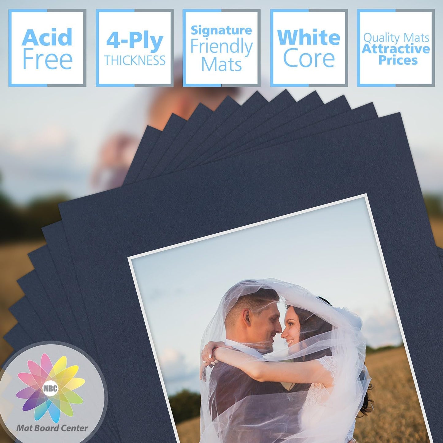 Mat Board Center, Pack of 10, 11x14 for 8x10 Dignity Blue Color Mats - Bevel Cut, Acid Free, 4-ply Thickness, White Core - for Pictures, Photos, Framing