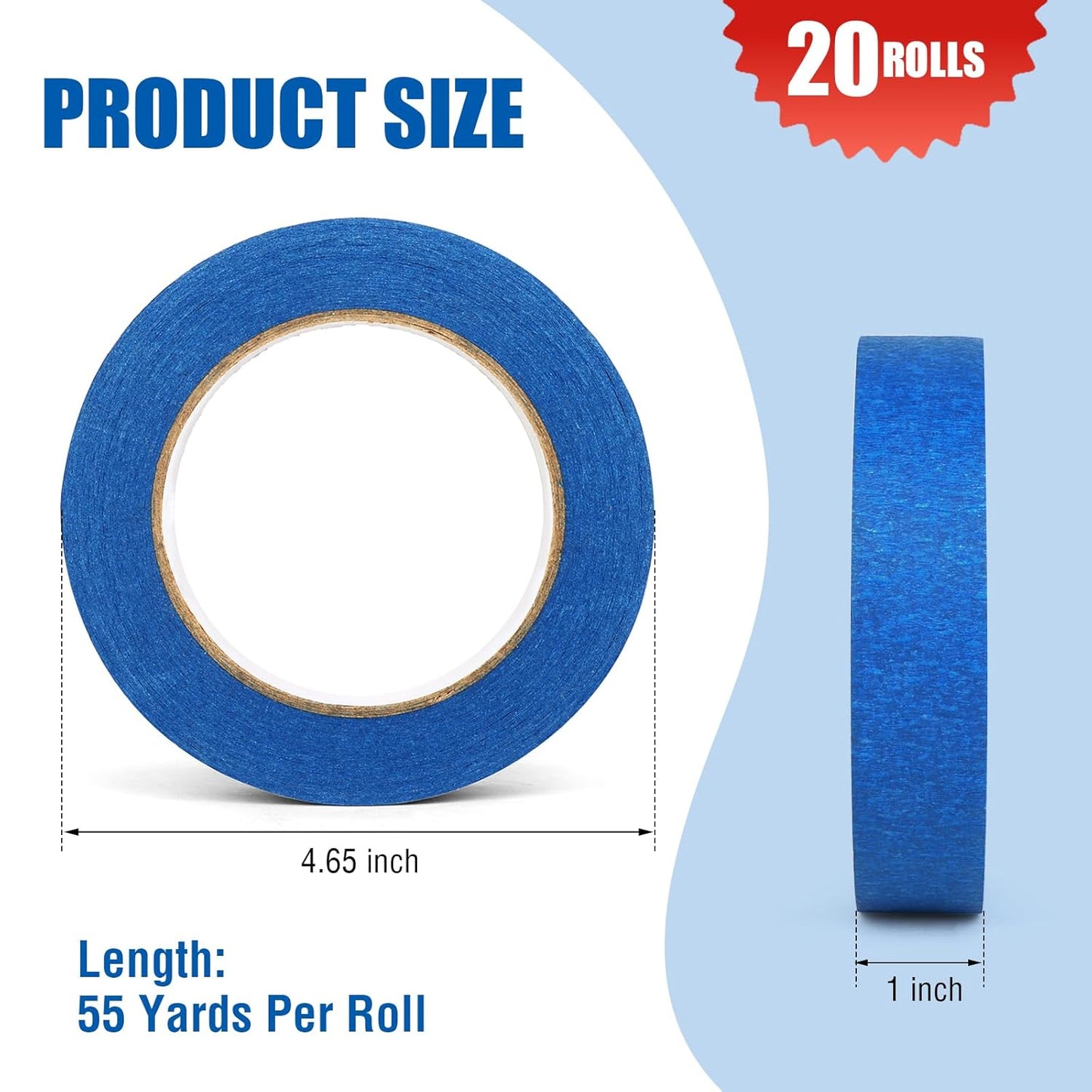 20 Rolls Blue Painters Tape Bulk Pack, Painter's Tape 1-inch × 55 yards, Multi-Surface Residue-Free Blue Masking Tape for Wall Painting, Artwork, Automotive and Packaging Labelling, Total 1100 Yards