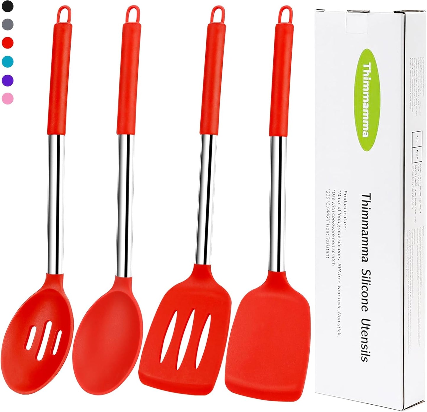 Silicone Spatula Spoon Set, 4 PCS Silicone Cooking Utensils Spatula Spoon Set with Stainless Steel Handle, BPA Free Kitchen Turners for Frying, Mixing, Serving, Draining, Turning, Stirring, Red