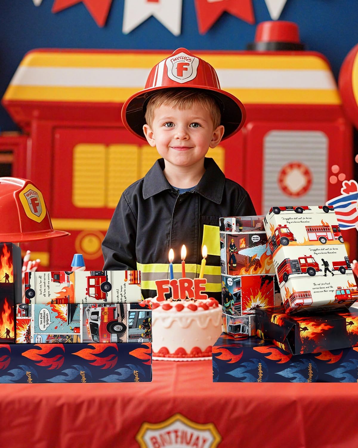 Pineraap 12 Sheets Firefighter Themed Wrapping Paper, Fire Safety Gift Wrap for Firefighter, Folded Flat Art Paper for Birthday Parties, Fireman Theme Favors, Thank You & Appreciation,19.7 x 27.6 Inch