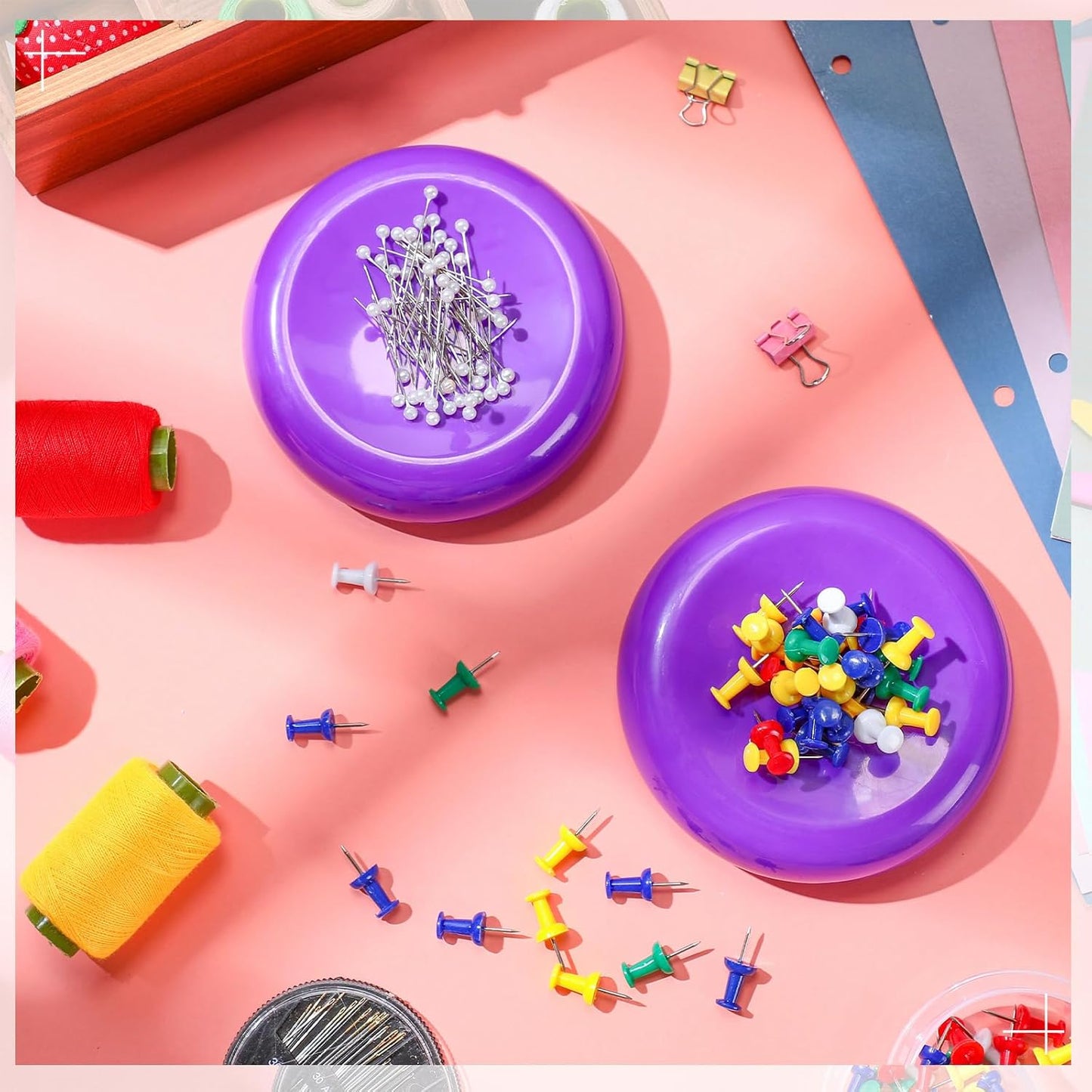 Waydress 2 Pieces Magnetic Pin Holder Sewing Pincushion Round Paper Clip Holder Magnetic Cushion Sewing Pin Push Hairclip Storage Case Needle Cushion for Sewing DIY Project(Purple)