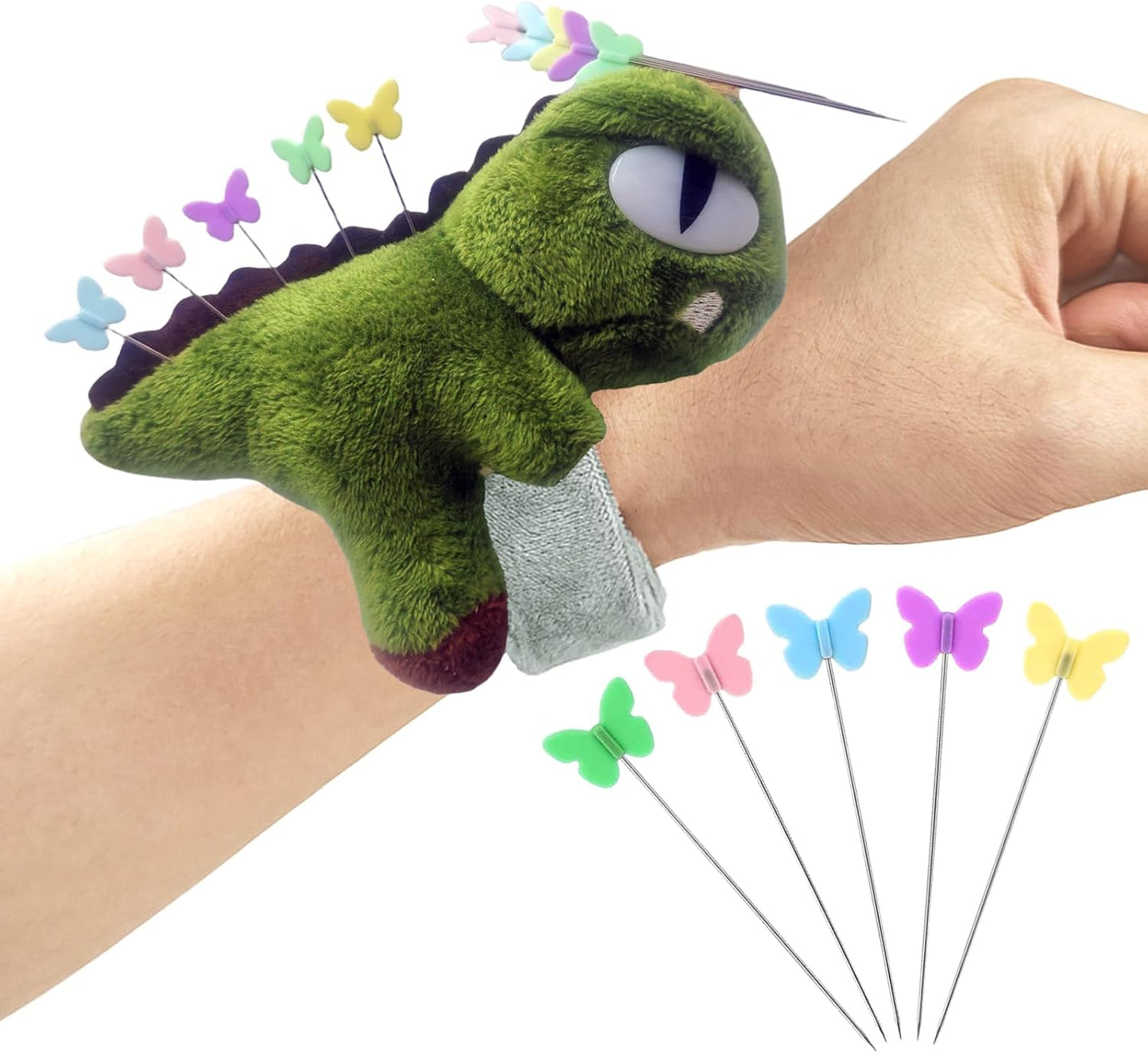 Cute Dinosaurs Wrist Pin Cushion for Sewing with Magnetic, Snap Bracelet Wrist Bands for Pins and Needles Include 50 Lovely Butterfly Straight Pins.