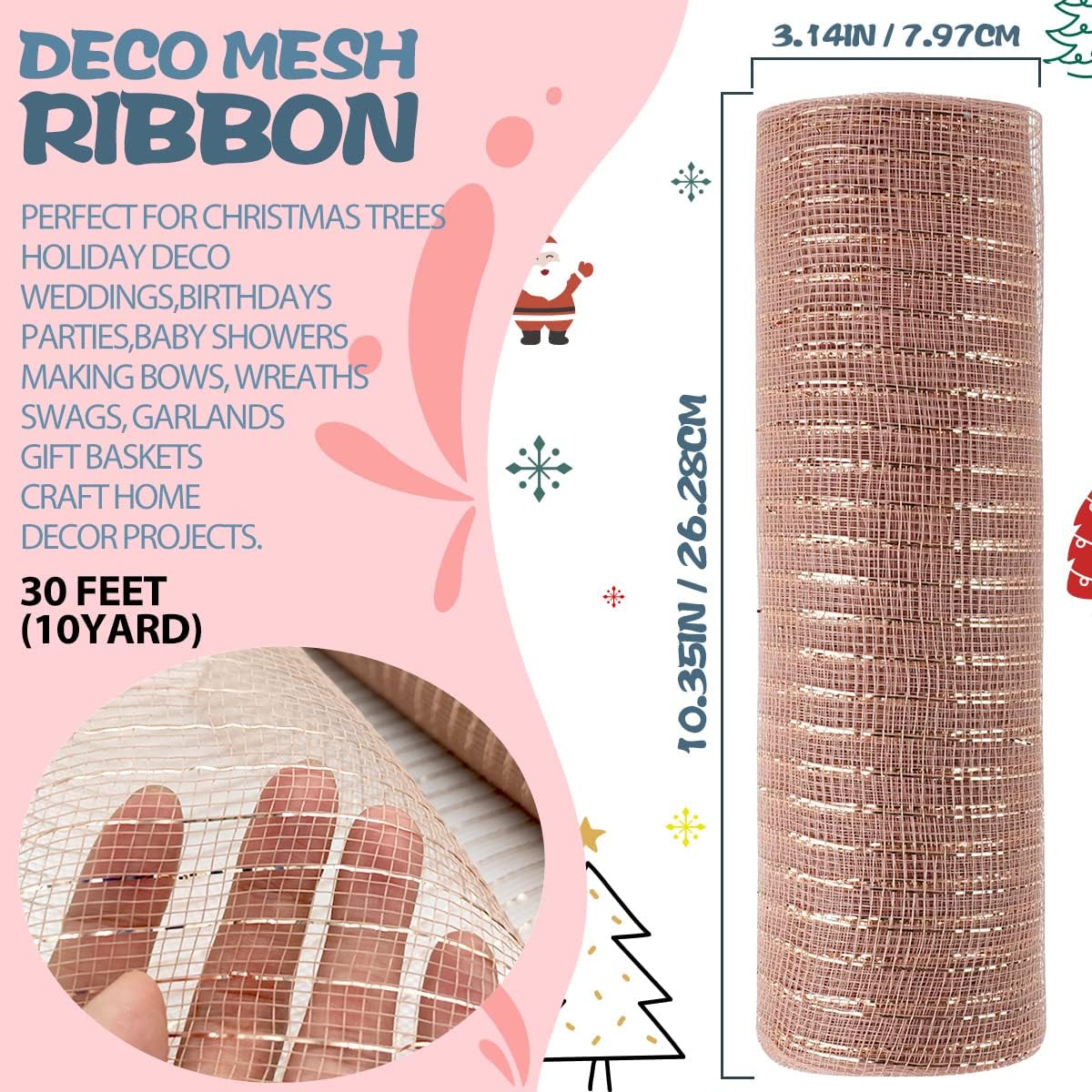 Anivia Deco Mesh Ribbon, 10inch x 30 Feet Each Roll Metallic Foil Mesh Ribbon for Wreaths Swags, Holloween, and Christmas Tree Decoration (Rose Gold)