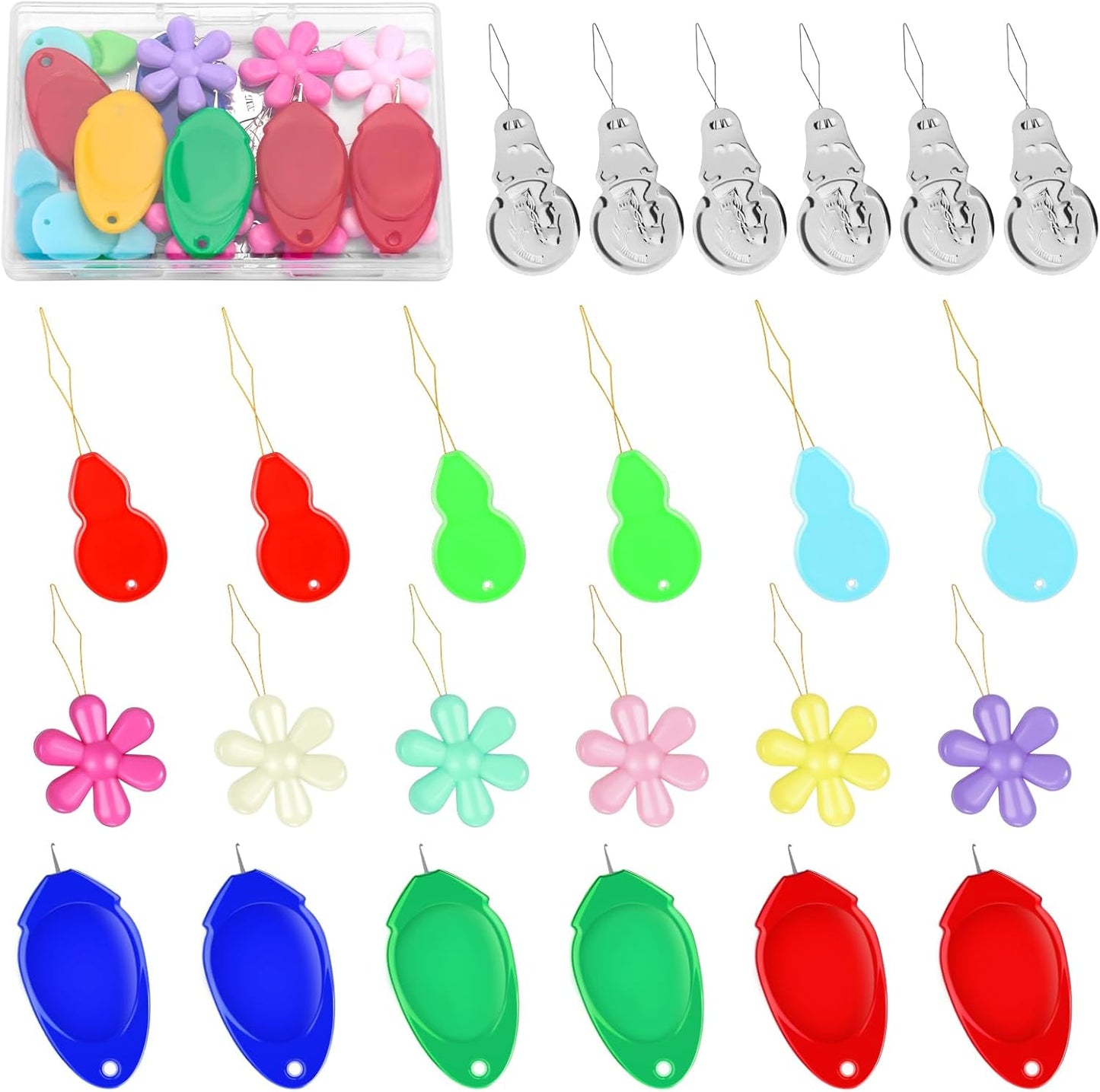 KAQRHFT Needle Threaders, 24 PCS Needle Threader Kit for Needle Work, 4 Types Simple Needle Threader Tool with Clear Storage Box for Hand Sewing, Sewing Machine, Embroidery Floss