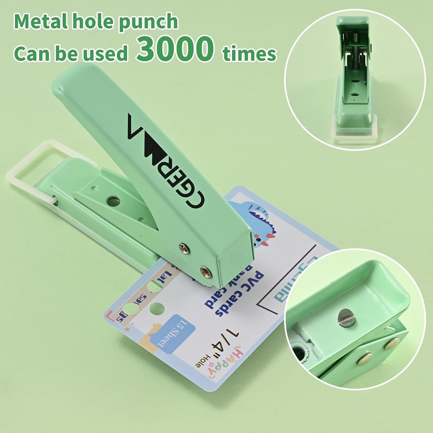 Single Hole Puncher, 1/4" Hole, 50% Labor Savings, Heavy Duty Metal Punch, 15 Sheet Capacity, for ID Cards, Chipboard, Art Project, Crafts Easy Punching, Green