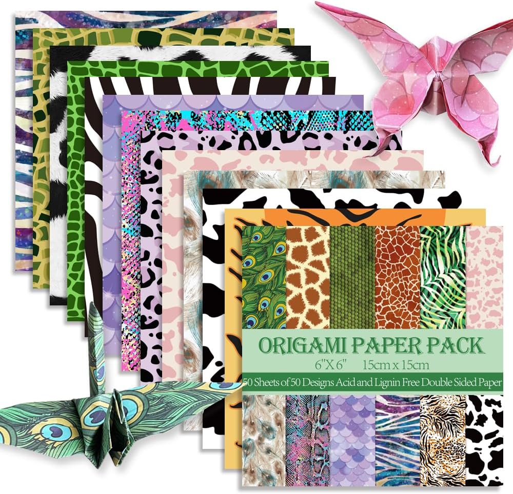 Square Origami Paper 6x6 Double Sided 50 Sheets 50 Colors 70GSM Origami Kit Japanese Chiyo Easy Fold Arts Crafts DIY Handwork Beginner Animal Fur