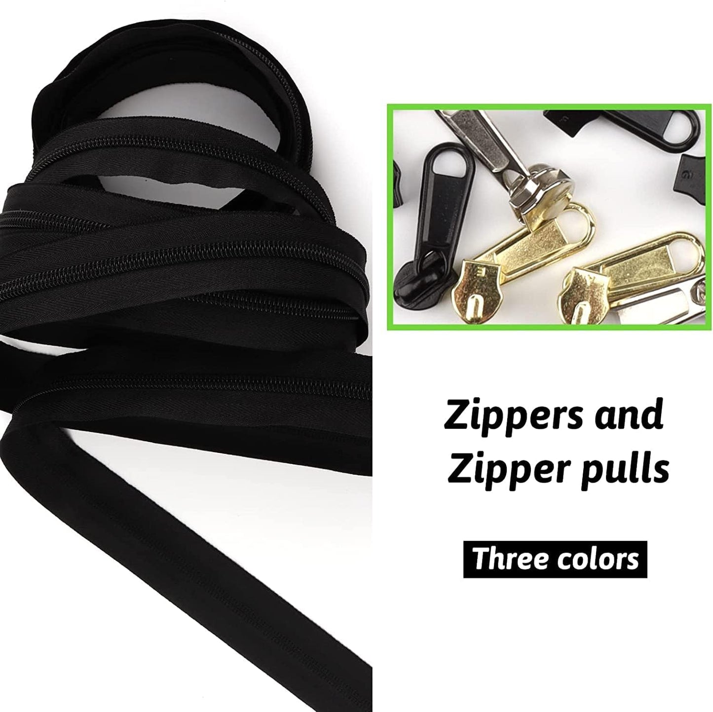 DOITEM 16.5 Yards 3-Piece Assorted Nylon Coil Zippers with 30 Sliders for DIY Tailoring and Crafts, Black