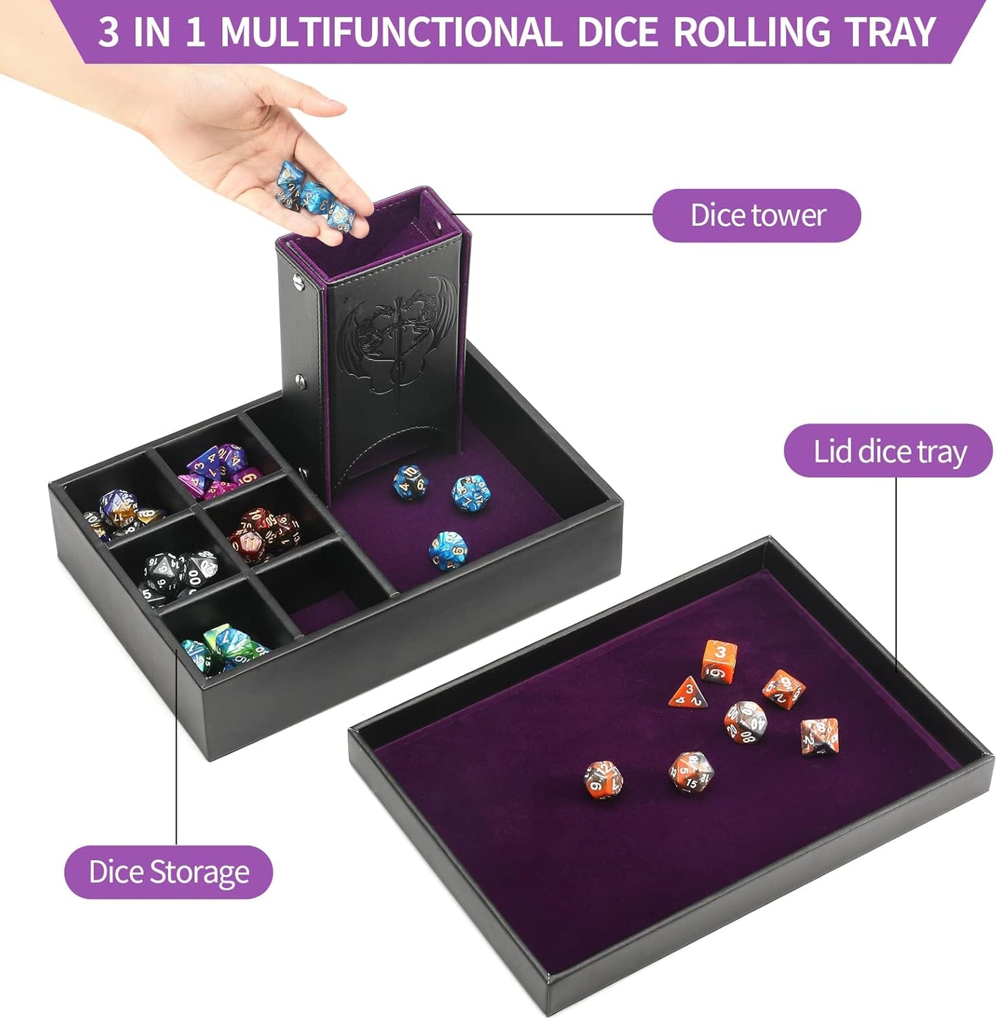 DND Dice Tray and Dice Tower with Storage, 3 in 1 Dice Rolling Tray with Lid, Portable Dice Box Storage, DND dice Holder for Dungeons and Dragons D&D RPG MTG Table Games - Purple