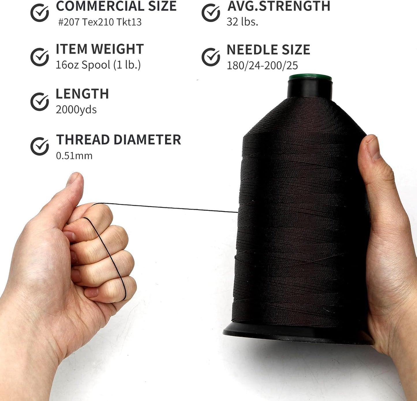 Extra Strong Bonded Nylon Thread #207 Tex210 – 16 OZ, 2000yds, Versatile Stitching Solution for Leather, Upholstery, Canvas Repair and More (Dark Brown)