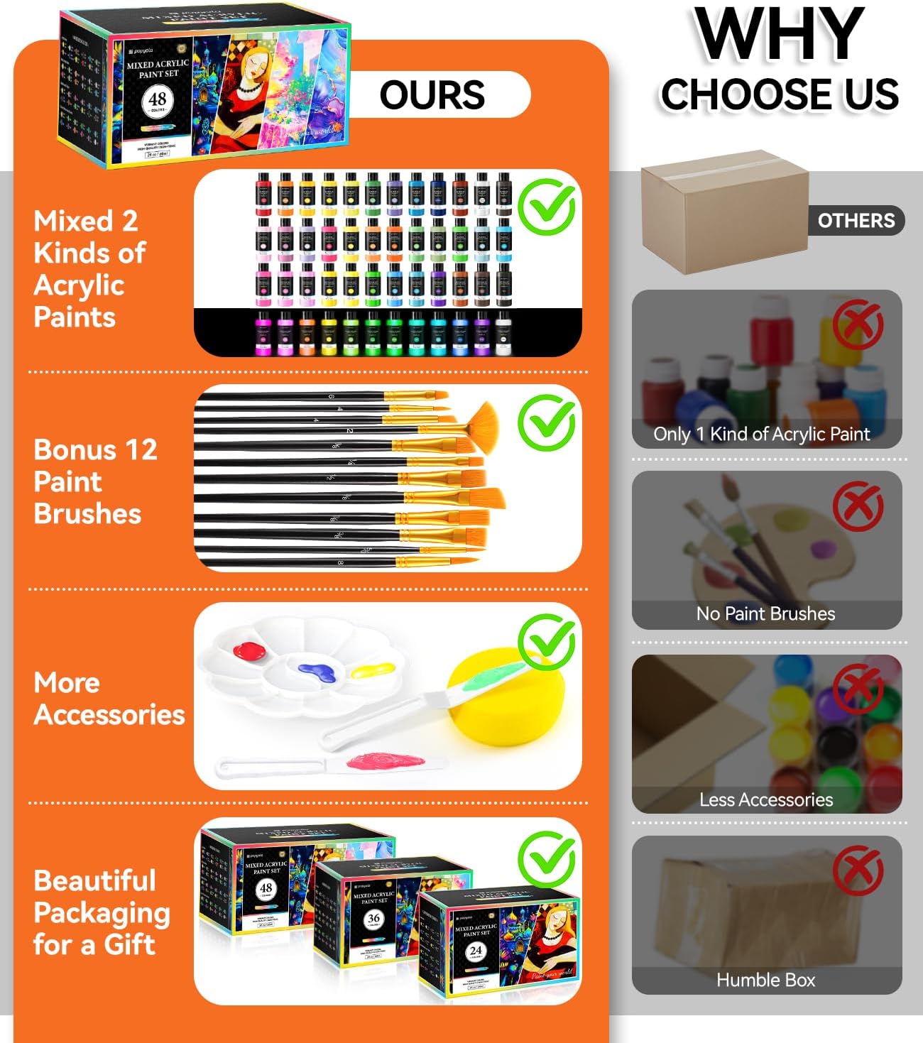 64 PCS Classic & Pastel & Metallic & Glow in the Dark Acrylic Paint Set with 12 Brushes, 2 Knives & Palette, 48 Colors Art Craft Paint for Beginners, Halloween Pumpkin Canvas Ceramic Rock Painting Kit