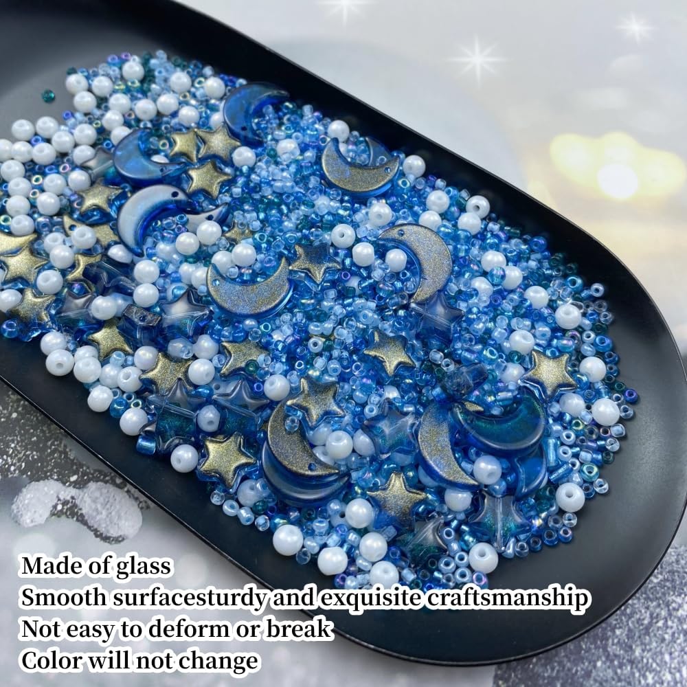 Assorted Glass Beads for Jewelry Making Multi Size Colors Glass Star Moon Seed Pearl Spacer Beads for Bracelets Necklace Earring Making(White Ink Blue)