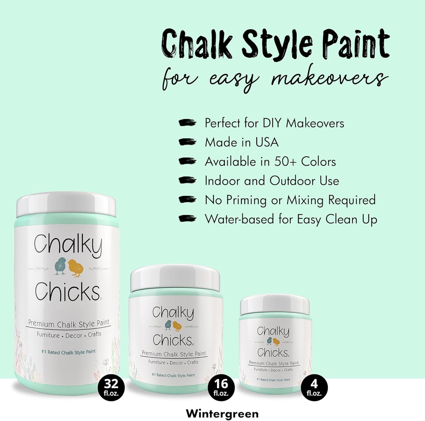 Chalky Chicks All-in-One Chalk Paint for Furniture or Cabinet - 32 Fl Oz - Matte Finish Wintergreen (Mint) for Metal, Wood Furniture Paint - No Sanding All-in-One for Home Decor & Crafts, USA Made