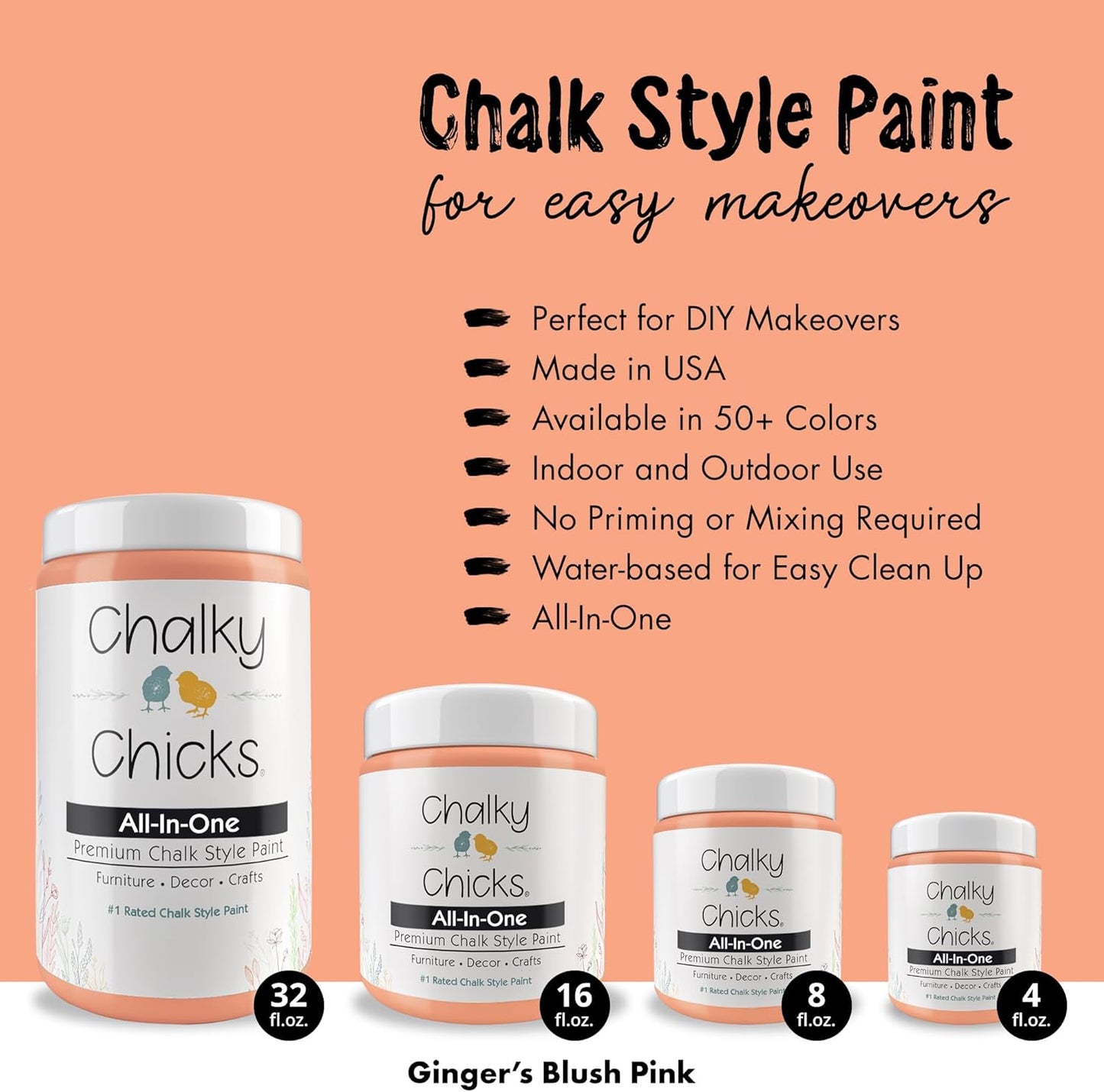 Chalky Chicks 8 Fl Oz Matte Gingers Blush Pink (Blush/Orange) Chalk Paint for Furniture Without Sanding - No Prep Furniture Paint No Sanding All in One for Crafts, Walls, Cabinet, Metal, Dresser