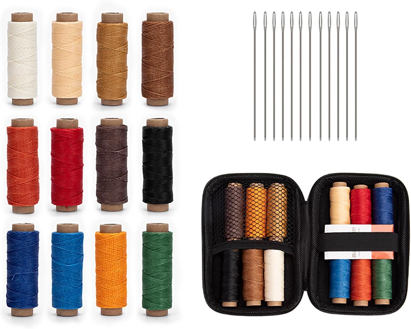 WUTA Leather Waxed Thread Round Polyester Sewing Threads with 12 Pcs Needles and Storage Bag Leather Craft Hand Stitching Line DIY Bracelet Thread Repair Work Cord (0.55mm