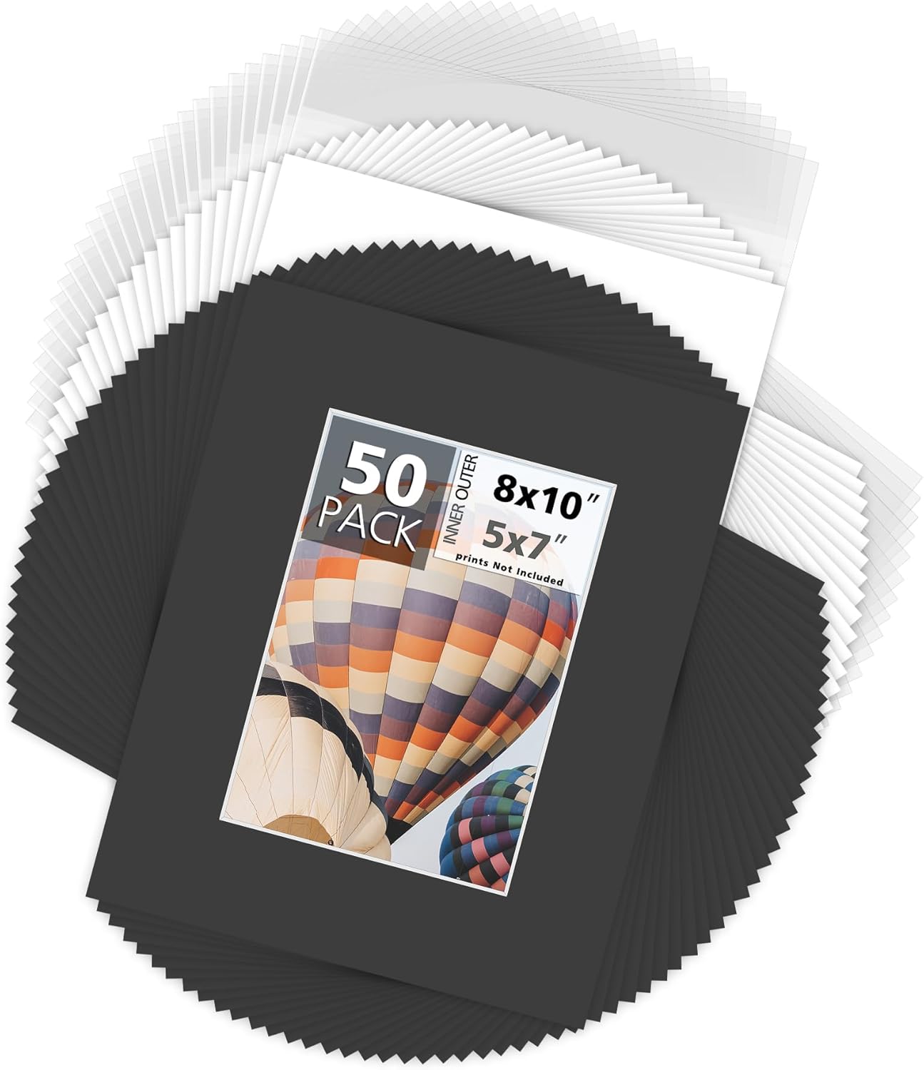 Mat Board Center, Pack of 50, 8x10 for 5x7 Black Picture Mat Sets - Acid Free, 4-ply Thickness, Bevel Pre-Cut White Core - Includes Backing Boards and Clear Bags - for Pictures, Photos, Framing