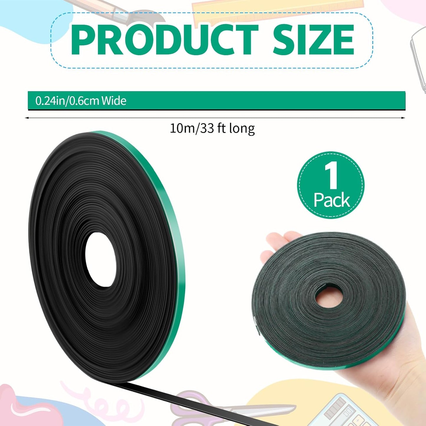 Magnetic Tape Roll Thin Strips, 1/4 Inch x 33 Feet Magnetic Board Dividers Whiteboard Graphic Decorative Tape Marking Line for Classroom Office Art Accessories(Green)