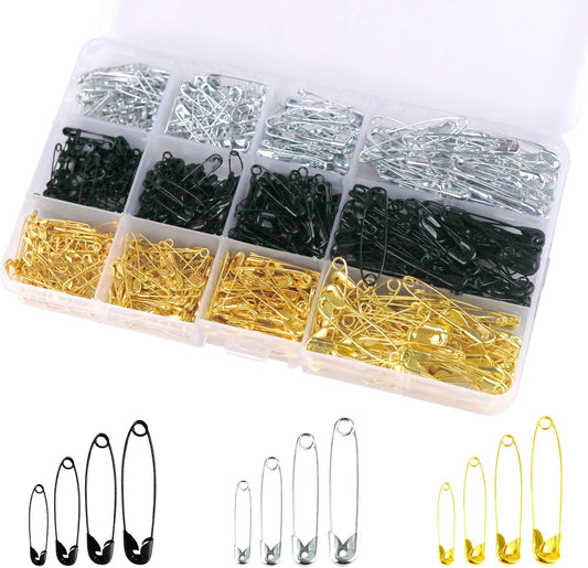 720 Pcs 3 Colors Safety Pins 4 Sizes Strong Safety Pins with Storage Box Assorted for Craft Sewing Art Clothes Jewelry Making(Gold, Black, Silver)