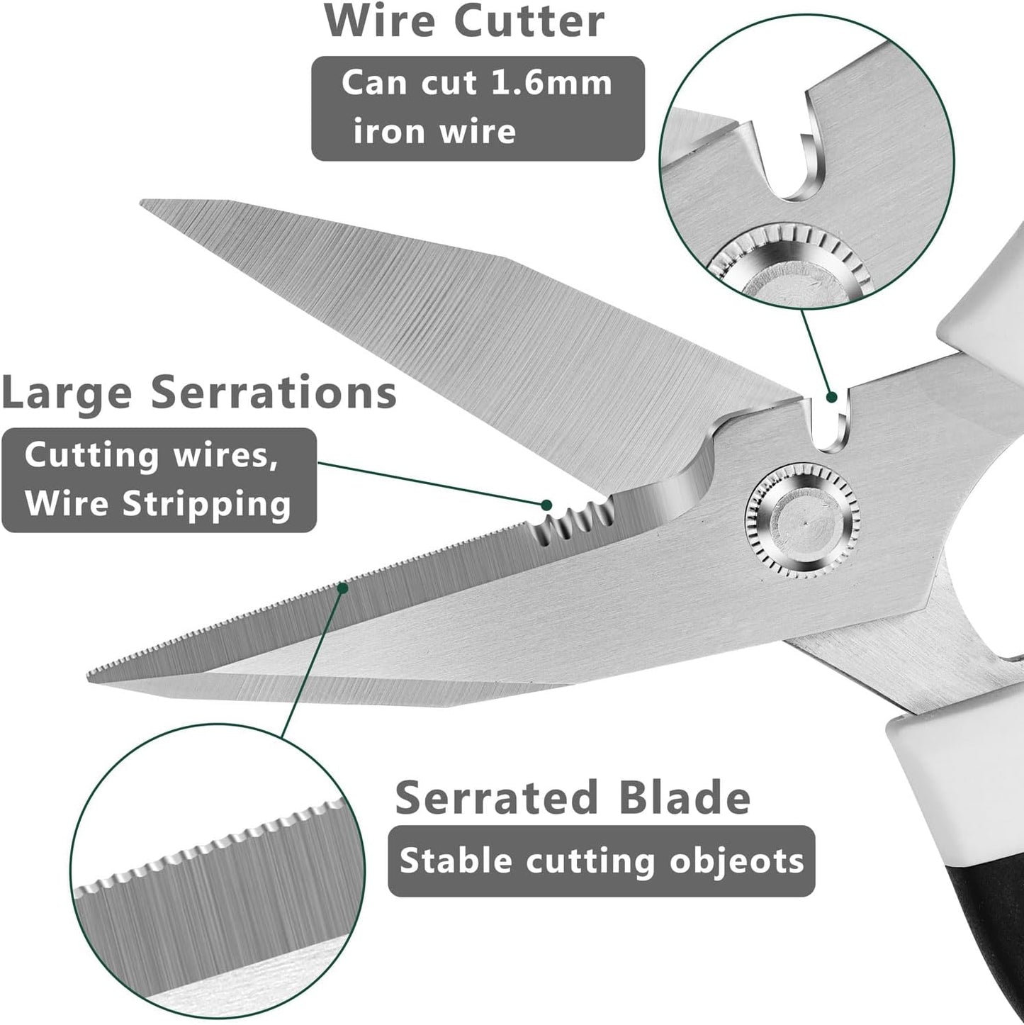 Utility Scissors Heavy Duty: sharp Scissors All Purpose heavy duty, Easy Cutting Carpet, Cardboard, Wires, Leather, Fabric（8'' White）