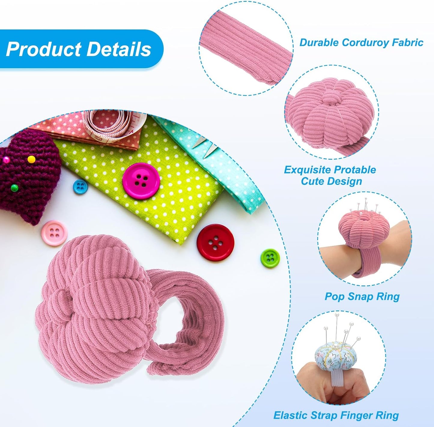 PATIKIL Wrist Pumpkin Pin Cushion, Snap Pin Cushion with Elastic Strap Ring Portable Embroidery Needle Pin Storage for Hand Craft Knitting, Light Pink