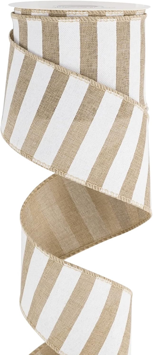 MEEDEE Burlap Ribbon with White Stripe Burlap Ribbon 2.5 Inch Wired Ribbon for Cakes Gift Basket Bow Wreath Ribbon for Rustic Front Door Wreath Baby Shower Beach Party Farmhouse Decor, 10 Yards