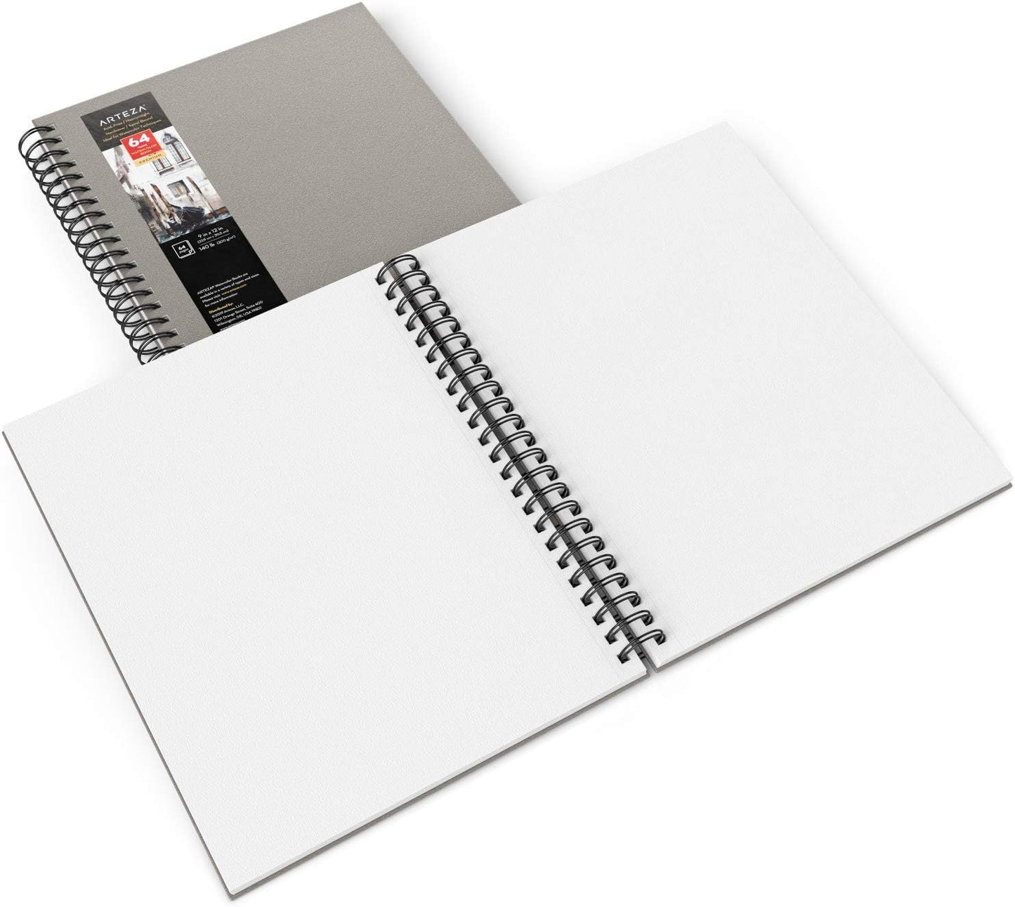 ARTEZA Watercolor Sketchbook 2-Pack, 9x12 Inches – 64 Pages Each, Spiral-Bound 140 lb Cold Press Paper, Gray Hardcover Journal for Mixed Media