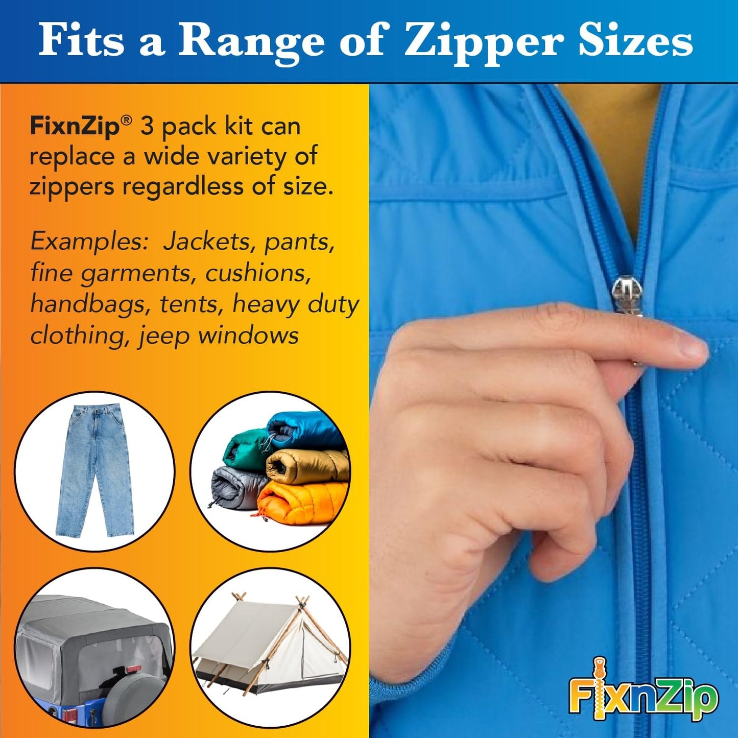 FixnZip (Black Nickel 3 Pack S,M,L) - Universal Zipper Repair Kit for Jackets, Luggage, Bags - Backpack Zipper Replacement Repair Kit