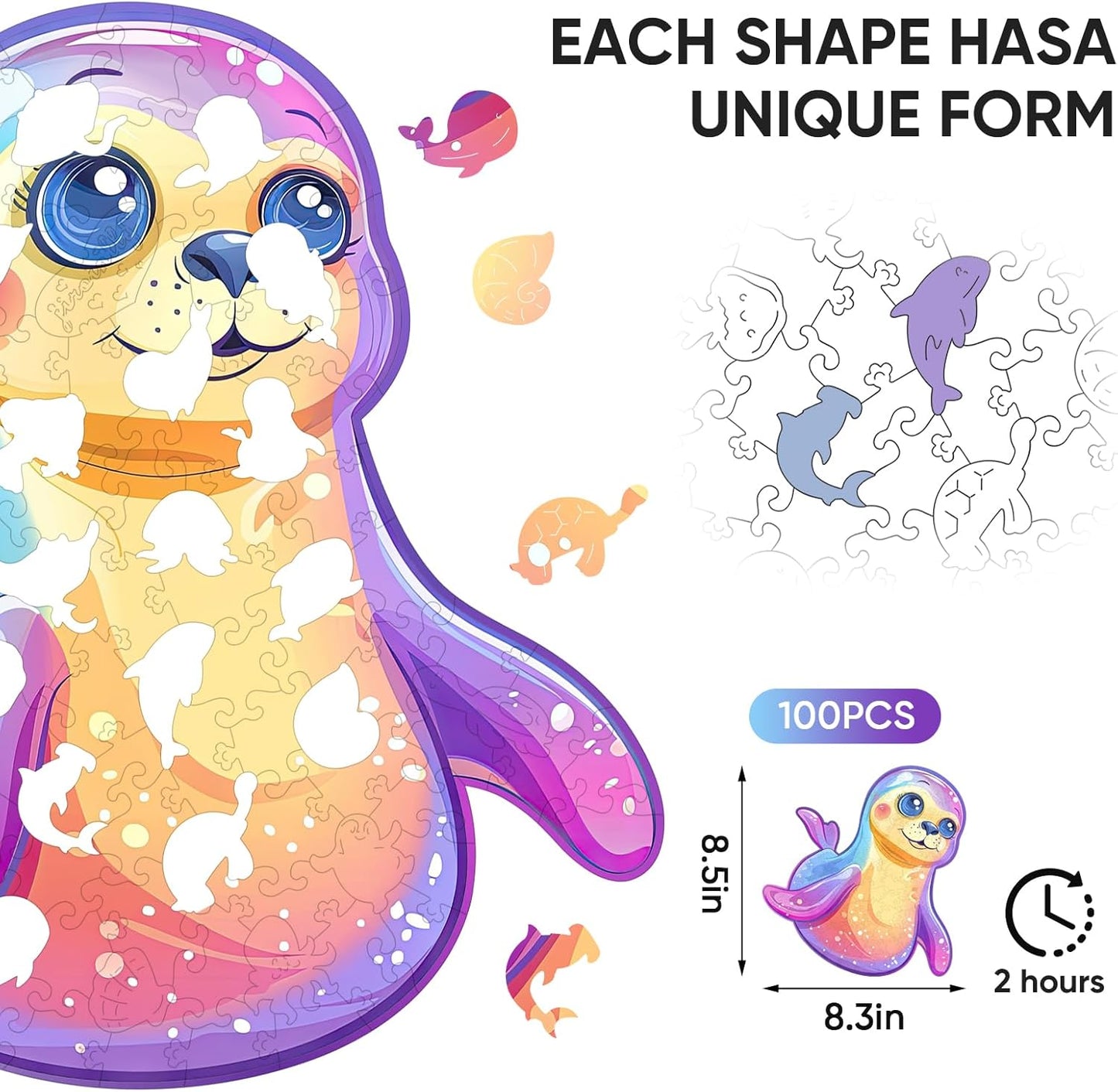 Wooden Puzzles for Adult and Kids, 100 Pieces Ocean Puzzle, Unique Shaped Sea Lions Wooden Preschool Puzzle, Toddler Wooden Puzzle Toy Gift for Family and Friends, Suitable for Family Games