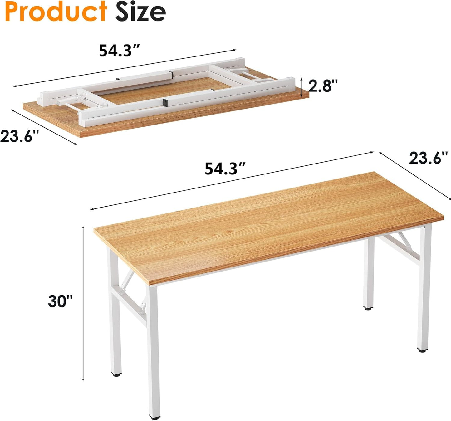 Need Folding Desk, 54 inch Large Computer Desk for Home Office, No Install Needed Study Student Writing Table Desk Workstation, Teak White
