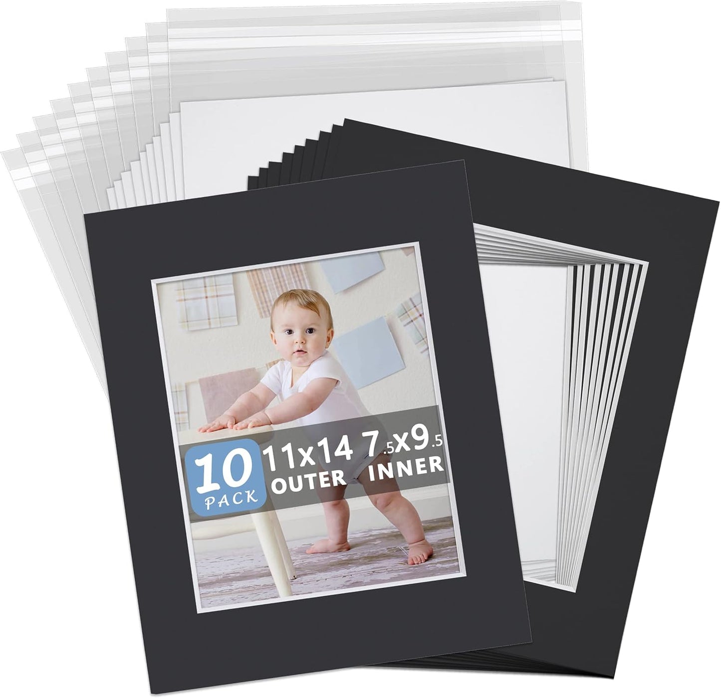 Somime 10 Pack 11x14 Black Picture Mat Kit for 8x10 Photo with White Core Bevel Cut Mattes Sets - Includes 10 Acid Free Pre Cut Mats & 10 Backings & 10 Print Sleeve Bags