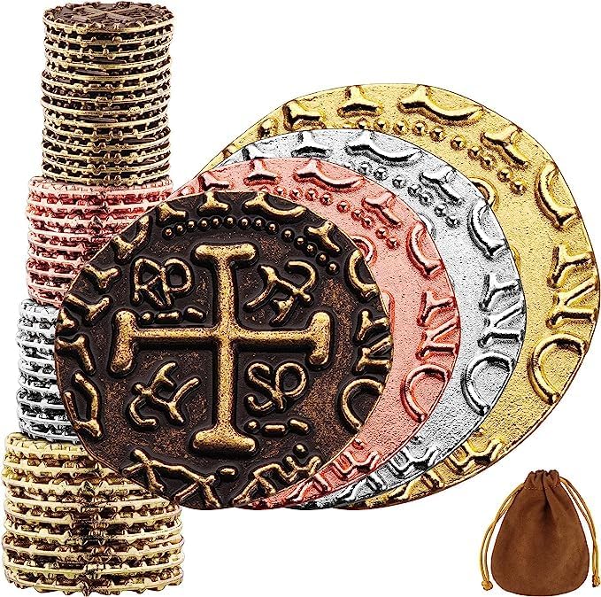 Large Metal Pirate Coins - 36 Bronze, Silver, Gold & Rose Gold Treasure Coin Set, Metal Replica Spanish Doubloons for Pirate Party Decorations & Favors, Tokens, Toys, Cosplay, Treasure Chest
