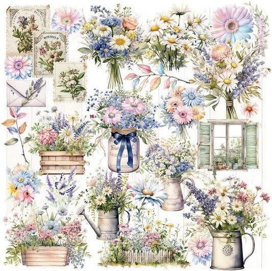 Vintage Vellum Stickers Floral Plants Elements Scrapbooking Supplies Flowers Botanic Natural Translucent Paper Self-Adhesive Junk-Journal Items (Spring Bouquet)