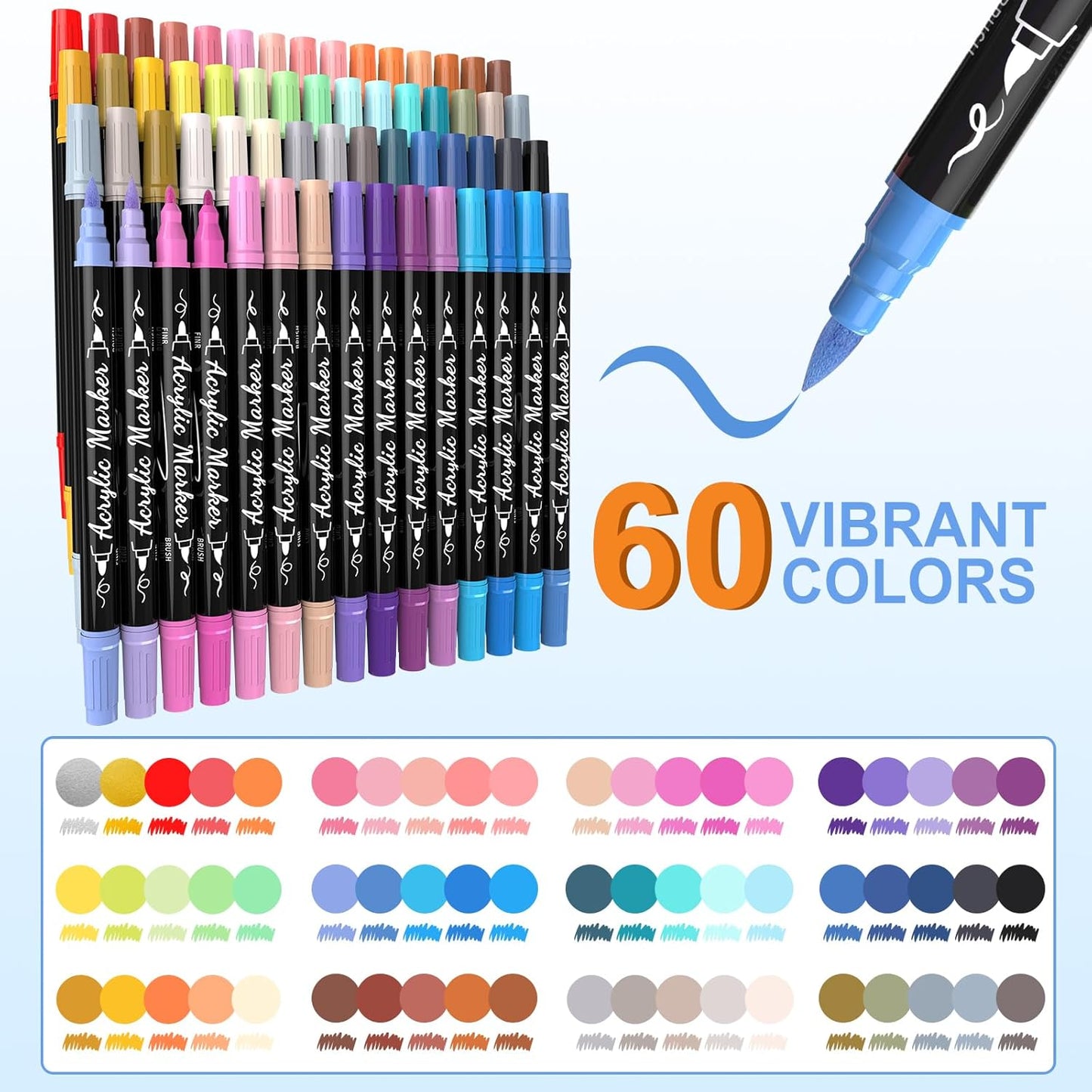 TOSAHRE Acrylic Paint Pens Markers 60 Colors Waterproof Dual Tip Acrylic Markers Set with Brush & Fine Tip Coloring Pens for Rock Painting Wood Scrapbook Fabric Glass Ceramic DIY Craft Art Supplies