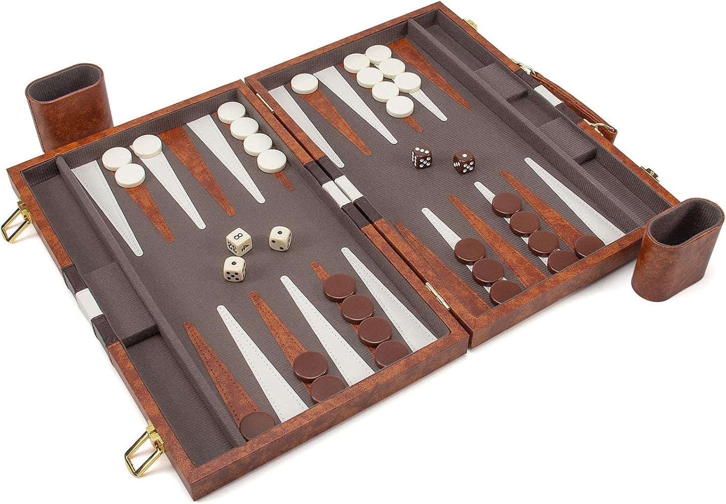 AMEROUS Backgammon Set, 15 Inches Classic Board Game with Leather Case, Folding Board, Gift Package, Portable Travel Strategy Backgammon Game Set for Adults, Kids (Medium, Brown)