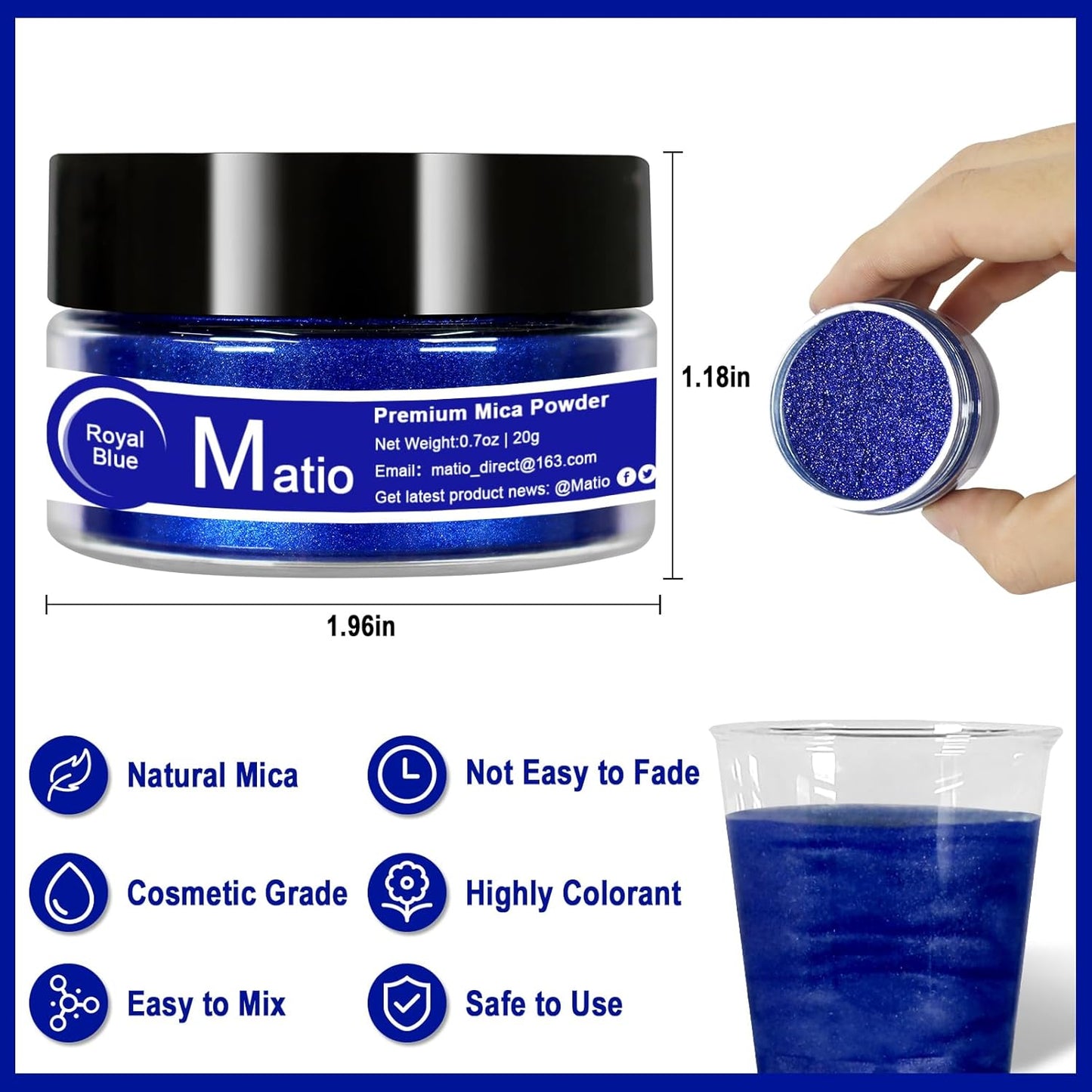 Matio Blue Mica Powder, 0.7oz/20g Premium Mica Pigment Powder Natural Epoxy Resin Color Pigment for Soap Dye, Bath Bombs, DIY Arts Crafts Additive Acrylic,Woodworking,Car Freshie Supplies (Royal Blue)